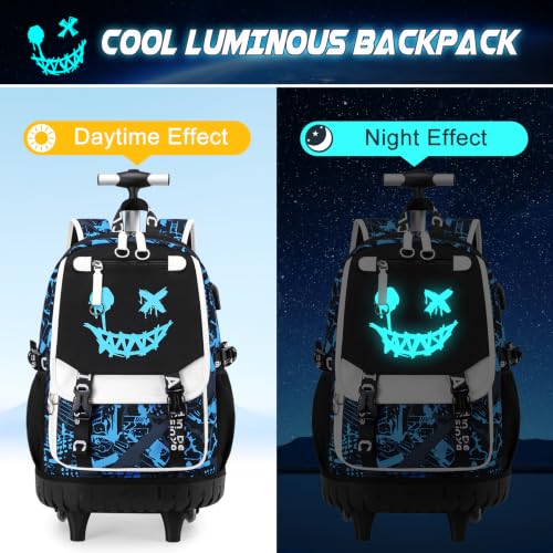 Bevalsa Rolling Backpack for Boys, Roller Backpack with Wheels, Wheeled School Bag with Sling Bag, Lunch Box & Pen Case for Kids Children Teens Elementary Middle Student Glow In The Dark - color: Smile