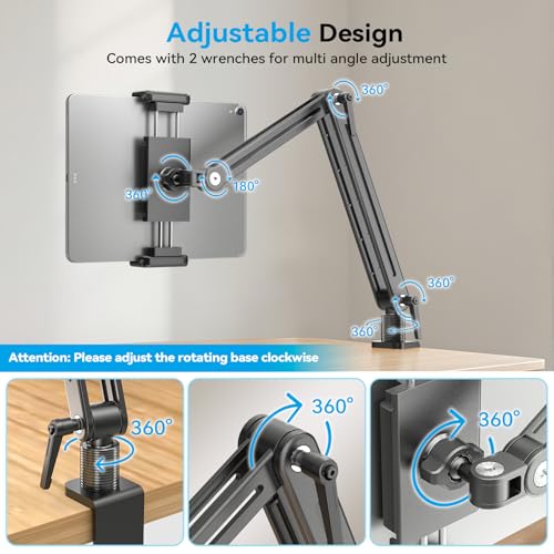 Jakeko Adjustable Portable Monitor Stand 15.6" - 360° Rotating Base Tall Tablet Desk Arm Holder Stand for iPad Air/Pro/Mini Swivel Flexible Clamp Mount Soporte para Tablet/Monitor Portatil/Ereader - size: up to 18.5"