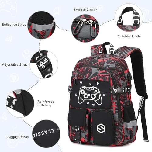 Scothen Boys Backpack, Cool Luminous School Backpacks for Boys with Lunch Bag Pencil Case, Kids Backpack Kindergarten Elementary Middle School Book Bags for Teen Boy Children with USB Charging Port - color: Black-red