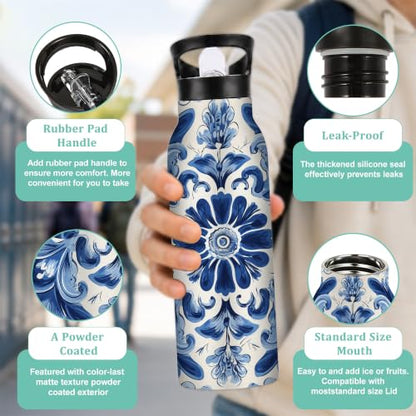 Water Bottles with Straw,Blue Flower Stainless Steel Cup Leak Resistant Double Wall Ethnic Paisley Insulated Water Bottle with Handle for Gym Cycling Hiking Office 20 oz - color: Blue Flower,Ethnic Paisley