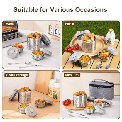 Lille Home Stainless Steel Thermal Lunch Box Set with Lunch Bag and Cultery | 22 Oz Vacuum Insulated Lunch Bento Box, to Keep Food Warm/Cool, 2 Small Food Container for Snack, Fruits and Sauces (Gray) - color: Gray