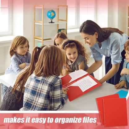 Yeaqee 100 Pcs Plastic Folders with Pockets Bulk 3 Hole Punched 2 Pocket File Folders for 3 Ring Binder Divider Folder for Notebooks, Durable Poly for Office Home (Red) - color: Red
