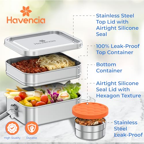 Stackable Stainless Steel Bento Box with Snack Container, 47oz/1400ml - Stainless Steel Lunch Box, Metal Bento Box for Kids & Adults, Eco-Friendly with Compartments for School, Work & Travel