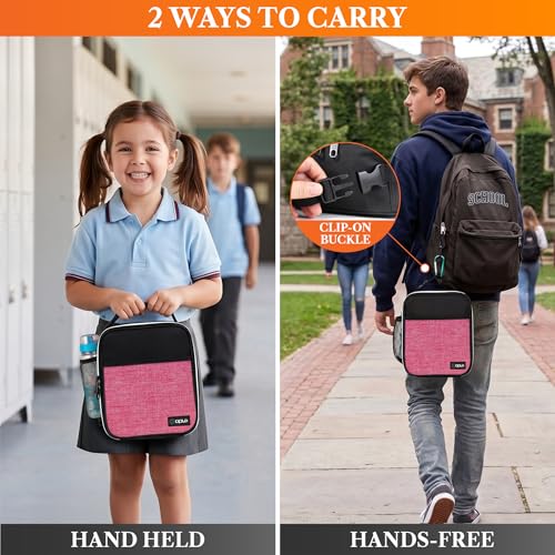 opux Insulated Lunch Bag for Kids Girls, Small Compact Lunch Box with Wide Opening & Mesh Pockets, Reusable Lunch Pail for School, Work, Adults, Women, Heather Pink - color: Heather Pink