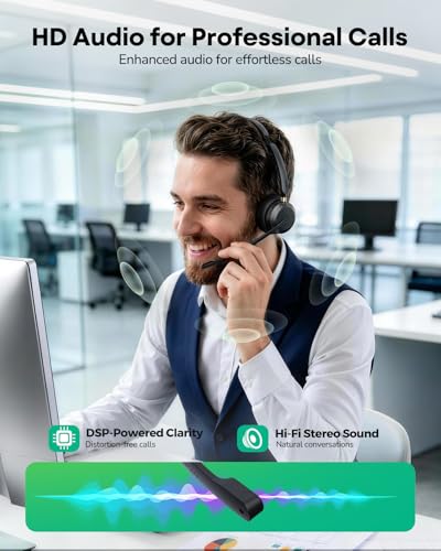 Wireless Headset with Mic for Work, Wireless Headphones with Mic Single Ear Work Headset with Charge Stand for Remote & Office, Bluetooth 5.3 & USB 2.4G Dongle for Teams Clear Call & Online Meeting