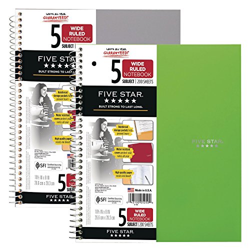 Five Star Spiral Notebooks, 2 Pack, 5-Subject, Wide Ruled Paper, 10-1/2" x 8", 200 Sheets, Gray, Lime (38434) - color: Gray, Lime