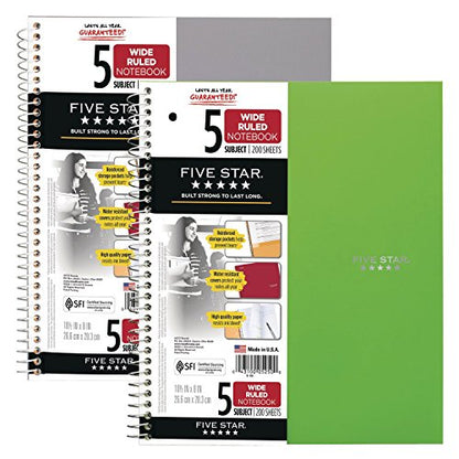 Five Star Spiral Notebooks, 2 Pack, 5-Subject, Wide Ruled Paper, 10-1/2" x 8", 200 Sheets, Gray, Lime (38434) - color: Gray, Lime