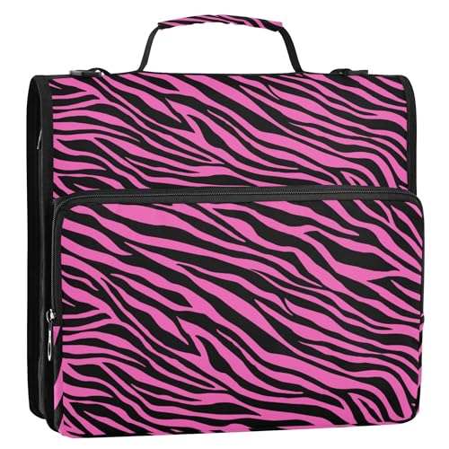 Fisyme Pinks Zebra Print Zipper Binder 3 Ring with Zipper and Shoulder Strap Large Capacity Multi-Pocket Binder Organizer - color: Multi-pinks