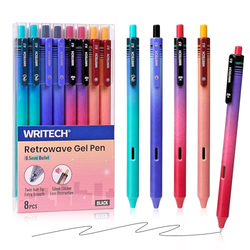 WRITECH Black Ink Gel Pens: 8-Pack Retrowave 0.5mm Fine Point Pens - Smooth Writing Silent Clicker and Refillable Perfect for School Office & Everyday Use. - color: 8 Pcs Retrowave