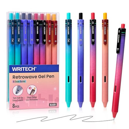 WRITECH Black Ink Gel Pens: 8-Pack Retrowave 0.5mm Fine Point Pens - Smooth Writing Silent Clicker and Refillable Perfect for School Office & Everyday Use. - color: 8 Pcs Retrowave
