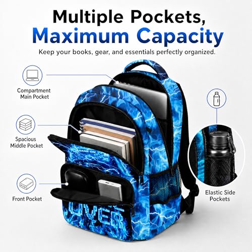 Game Backpack Set for Boys Kids – 17" Large Capacity Gaming School Bag with Lunch Box, Pencil Bag and Coin Purse (Blue) - color: Blue-1
