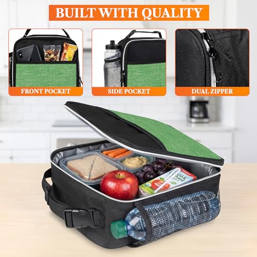 opux Insulated Lunch Bag for Kids Boys Girls, Small Compact Lunch Box with Wide Opening & Mesh Pockets, Reusable Lunch Pail for School, Work, Adults, Men, Women, Heather Green - color: Heather Green