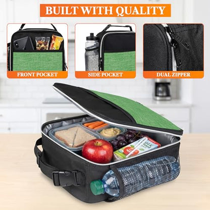 opux Insulated Lunch Bag for Kids Boys Girls, Small Compact Lunch Box with Wide Opening & Mesh Pockets, Reusable Lunch Pail for School, Work, Adults, Men, Women, Heather Green - color: Heather Green