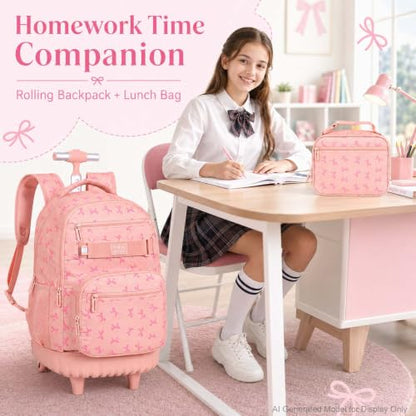 gxtvo Roller Backpack for Girls, Women Rolling Bookbag with Lunch Box for Adults, Water Resistant Wheeled School Bag for College Teens Kids Travel - Pink Bow - color: Girls Rolling Backpack Bow Pink