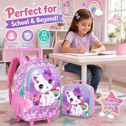 AGSDON 3PCS Kids Rolling Backpack, Girls Roller Wheels Bookbag, Wheeled Elementary School Bag with Lunch Bag - White Cat - color: White Cat Roller