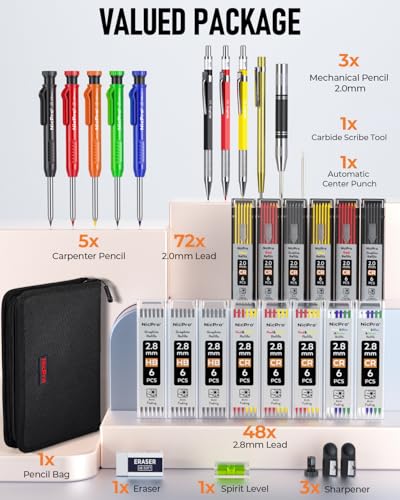 Nicpro 31 Pack Carpenter Pencil Set with Sharpener, Mechanical Carpenter Pencils with 128PCS Refills and Carbide Scribe Tool, Heavy Duty Construction Pencils for Architect Woodworking-With Canvas Case - size: 1 Count (Pack of 31)