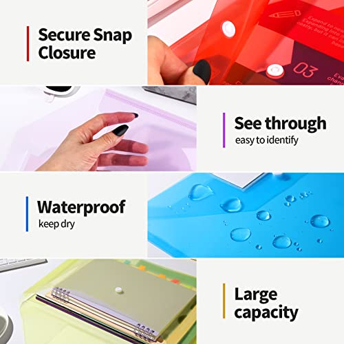 LEOBRO File Folders for Documents, 4 Pcs Plastic Folders with Pocket, Plastic Envelopes with Snap Closure, Reusable File Bags, for School & Office, A4 Size