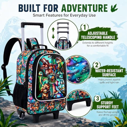 AGSDON 3PCS Rolling Backpack for Girls and Boys, Kids Roller Wheels Bookbag, Wheeled Elementary School Bag with Lunch Bag - color: Dinosaur Roller