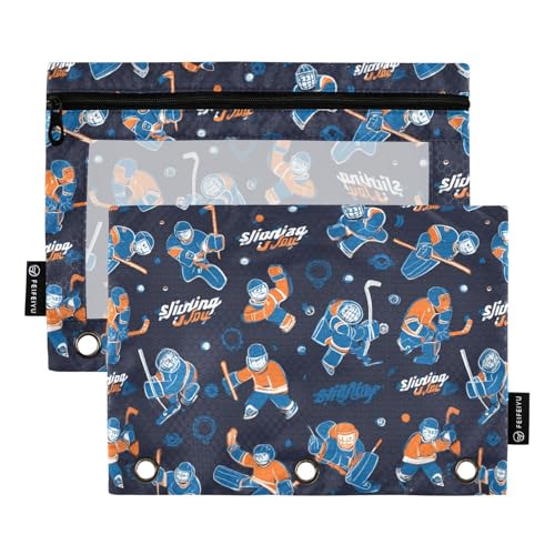 Binder Pouches, Slapshot Hockey Pencil Pouch for 3 Ring Binder 2 Pack Clear Pencil Bag with Zipper for Office School Supplies - color: Multicolored 16