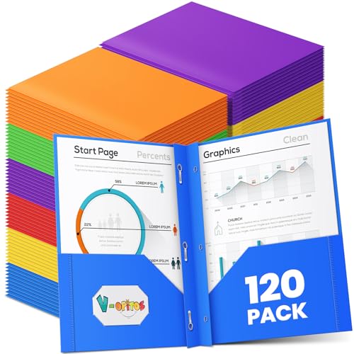 V-Opitos 120 Packs 2 Pocket Folders with 3 Prongs Fastener Clasps, Bulk Heavy Duty Plastic Folders, Multicolor Files Folders in 6 Colors for School and Office