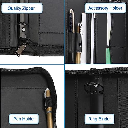Yodo Zipper Padfolio Portfolio Binder Organizer PU Leather Portfolio for Resume, Legal Documents, Tablet, Business Supplies and Cards,3-Ring Binder with Handle, Notepad Folder for Men & Women