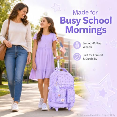 CCJPX 3Pcs Rolling Backpack for Girls, Roller Wheeled School Bookbag, Star Wheels Backpacks with Lunch Box for Kids (Purple) - color: Star Purple
