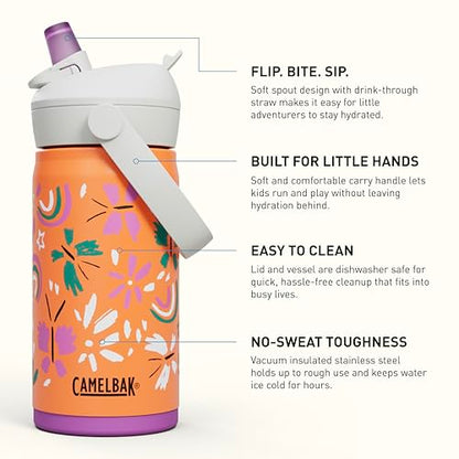CamelBak Thrive Flip Straw Kids Bite Valve Stainless Steel Water Bottle Butterfly Rainbow, 12oz - color: Butterfly Rainbow