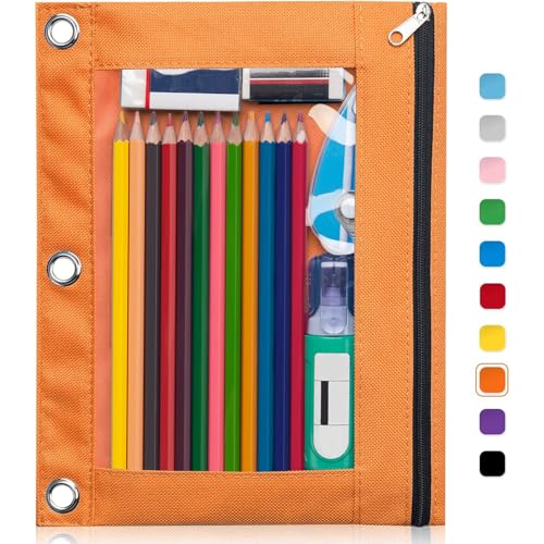 Forvencer 3 Ring Binder Pencil Pouch - Clear Window Pencil Case with Smooth Zipper, Big Capacity Pencil Bag with 3 Reinforced Grommets, Orange - color: Orange, size: 1 Pack