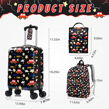 16’’ Kid’s Luggage Set with Spinner Wheels, Hardside with Suitcases,6 Piece | Carry on Luggage, Travel Rolling Luggage Airline Approved, Girls Boys - color: Car