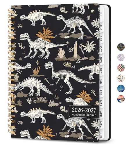 Planner 2026-2027, Academic Planner Weekly and Monthly, Jul 2026 - Jun 2027, Spiral Bound School Planning Tool with Tabs and Pocket, Perfect for Students & Teacher, 6.3" x 8.5", Dino Fossils - color: Q-Dino Fossils, size: 6.3"x8.5" (A5)