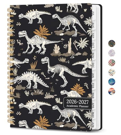 Planner 2026-2027, Academic Planner Weekly and Monthly, Jul 2026 - Jun 2027, Spiral Bound School Planning Tool with Tabs and Pocket, Perfect for Students & Teacher, 6.3" x 8.5", Dino Fossils - color: Q-Dino Fossils, size: 6.3"x8.5" (A5)