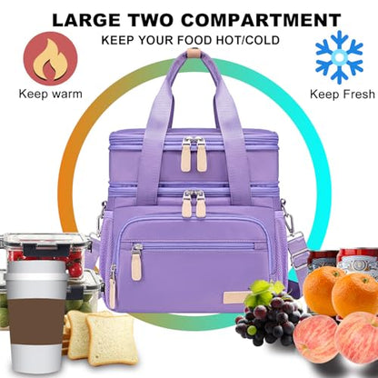 Weitars Insulated Lunch Box for Women Men-Dual Compartment Waterproof Reusable Large Lunch Bag Wide-Open Tote Cooler Bag For Working Picnic Hiking (15L) (Purple) - color: Purple
