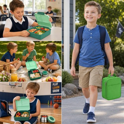 Itslife Bento Lunch Box for Kids with 8oz Soup Thermo&Lunch Bag, Leak-Proof Lunch Food Containers with 4 Compartment, Hot Food Insulated Food Jar for Kids School (Green) - color: Green