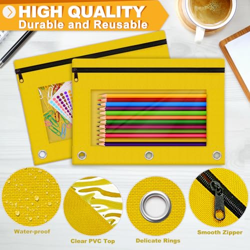 Pencil Pouch for 3 Ring Binder, 2 Pack Pencil Bags with Zipper, Yellow Pencil Case for Classroom School Office Supplies, Large Sturdy and Durable Cloth Pencil Pocket for 3 Holder Binder - color: Yellow