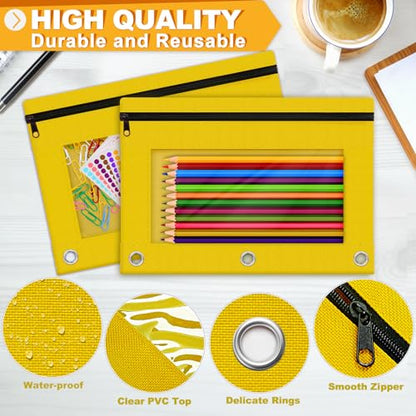 Pencil Pouch for 3 Ring Binder, 2 Pack Pencil Bags with Zipper, Yellow Pencil Case for Classroom School Office Supplies, Large Sturdy and Durable Cloth Pencil Pocket for 3 Holder Binder - color: Yellow
