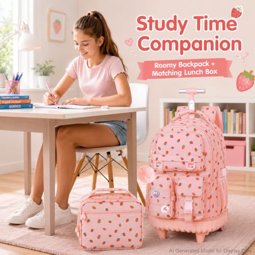 WZLVO 3PCS Wheeled Backpack, Water Resistance Rolling Bookbag for Girls, Women Aesthetic Roller School Bag Set with Lunch Box & Pencil Bag for Teens & Kids - Pink Strawberry - color: 3pcs Girls Rolling Backpack - Pink Strawberry
