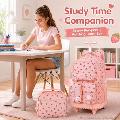 WZLVO 3PCS Wheeled Backpack, Water Resistance Rolling Bookbag for Girls, Women Aesthetic Roller School Bag Set with Lunch Box & Pencil Bag for Teens & Kids - Pink Strawberry - color: 3pcs Girls Rolling Backpack - Pink Strawberry