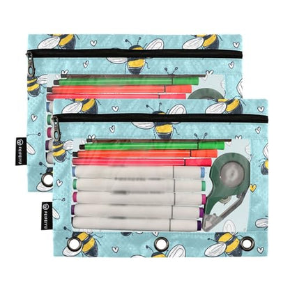 Fustylead Cute Cartoon Honrybee and Hearts Pencil Pouch with Clear Window for 3 Ring Binders, Zipper Pencil Case Cosmetic Bags for School Office Cosmetic Students Supplies, 2PCS - color: Blue01