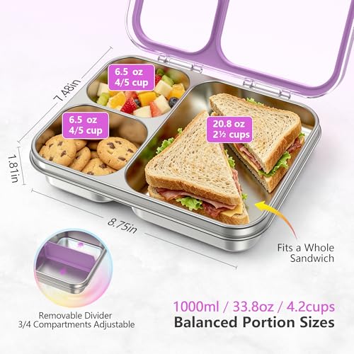 Stainless Steel Bento Lunch Box, 34oz/1000ml Leak Proof Metal Container, Lightweight 3mm Ultra-Narrow Bezel with Tritan Lid for Kids & Adults, 3-Compartment, BPA/BPS Free, Dishwasher Safe, Purple - color: Purple, size: 34oz/1000ml