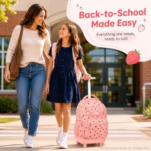 3Pcs Rolling Backpack for Women Girls with Large Wheels, 20 Inches Detachable Wheeled Backpack Set, Adults Water Resistant Roller Backpack for Travel, Work, College School (Pink) - color: Pink Strawberry