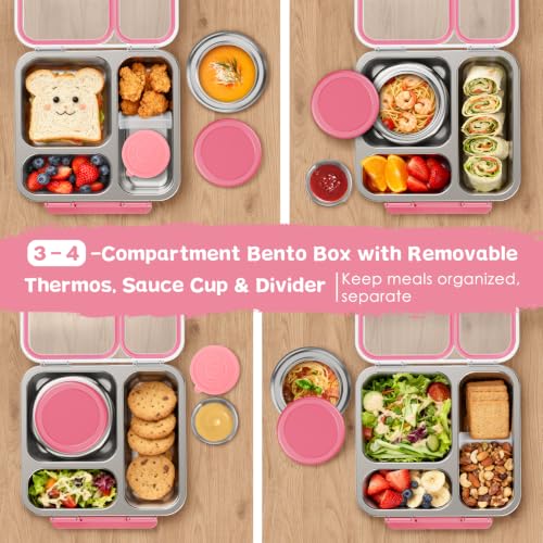 Pawtong Stainless Steel Bento Box Kids Adult with 7oz Insulated Food Jar, Transparent Lid Metal Lunch Box With Soup Thermal Jar, Lunch Box Container with Removable Divider & Sauce Cup School (Pink) - color: Pink