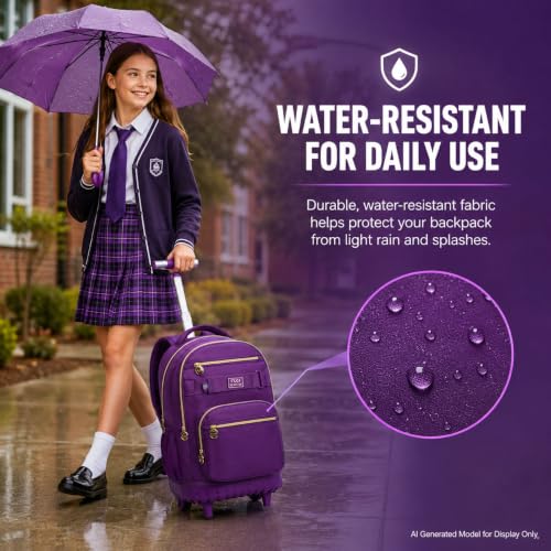 3Pcs Rolling Backpack for Girls Women, 19 Inche Adults Roller Backpacks with Wheels, School Wheeled Bookbag with Lunch Box(Deep Purple) - color: Deep Purple