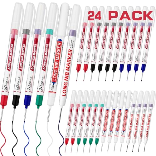24 PCS Long Nib Marker,20mm Long Head Deep Hole Marker Pens, Longs Nose Markers, Waterproof Construction Markers Marking Tool,Permanent Markers Carpenter Ink marker Pens,Metal marking Pens - color: 24PCS-20MM-Red/Blue/Green/Black/White/Purple