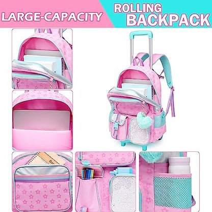 Meetbelify Pink Backpack with Wheels for Kids - Cute Carry On with Lunch Box & Pencil Case for Elementary Students - Travel Suitcase for Girls 8-10 - color: Star Pink