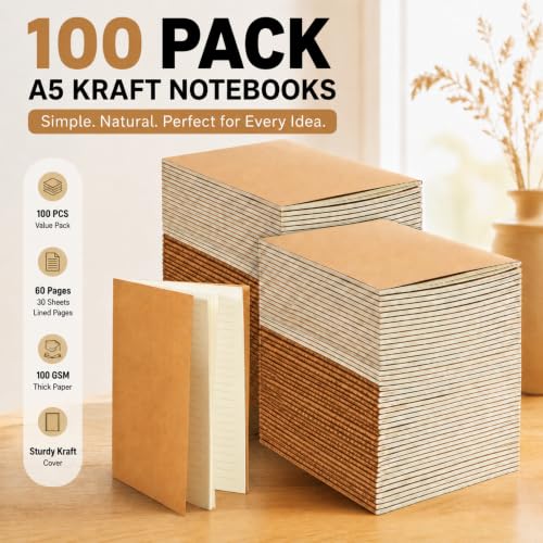 Mimorou 100 Pcs Journals Notebooks Bulk - Kraft Softcover A5 Small Notebooks 5.5 Inch x 8.3 Inch Notepads with 60 Page 30 Sheet for Writing Sketch Travel Office Supplies(Brown,Lined) - color: Brown, style: Lined