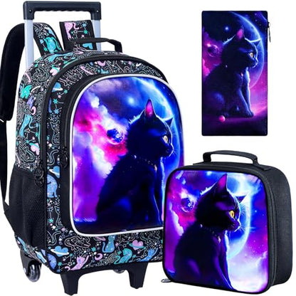 AGSDON 3PCS Rolling Backpack for Girls and Boys, Kids Roller Wheels Bookbag, Wheeled Elementary School Bag with Lunch Bag - color: Planet Cat Roller