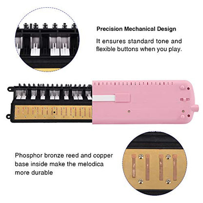 EastRock 37 Key Melodica Instrument Keyboard Soprano Piano Style with Mouthpiece Tube Sets and Carrying Bag for Beginners Adults Gift Pink - color: Pink, size: 37key