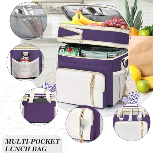 LOKASS Lunch Box for Women-16L-Insulated Lunch Bag Women, Expandable Double-layer Leakproof Cooler Bag with Upgrade Adjustable Shoulder Strap Ideal for Work/Picnics（Purple） - color: Purple