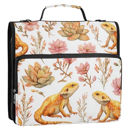 Fisyme Floral Bearded Dragons Zipper Binder 3 Ring with Zipper and Shoulder Strap Large Capacity Multi-Pocket Binder Organizer