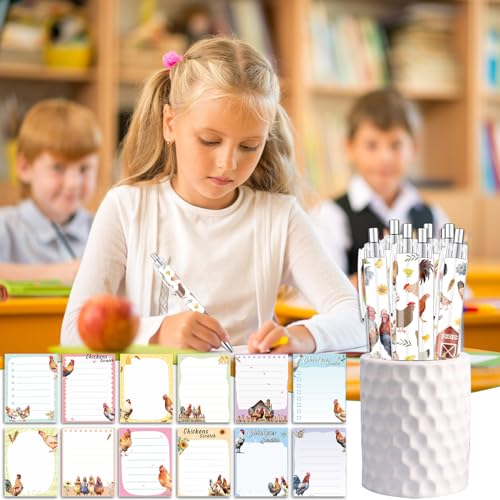 Wxiben Chicken Sticky Notes with Pens - 24 Pcs Cartoon Chicken Notepads Ballpoint Pens Bulk Farm Animals Notes Black Ink Pen Animal Lover Gifts for Women Men Study Office School Supplies Party Favor - color: Chicken